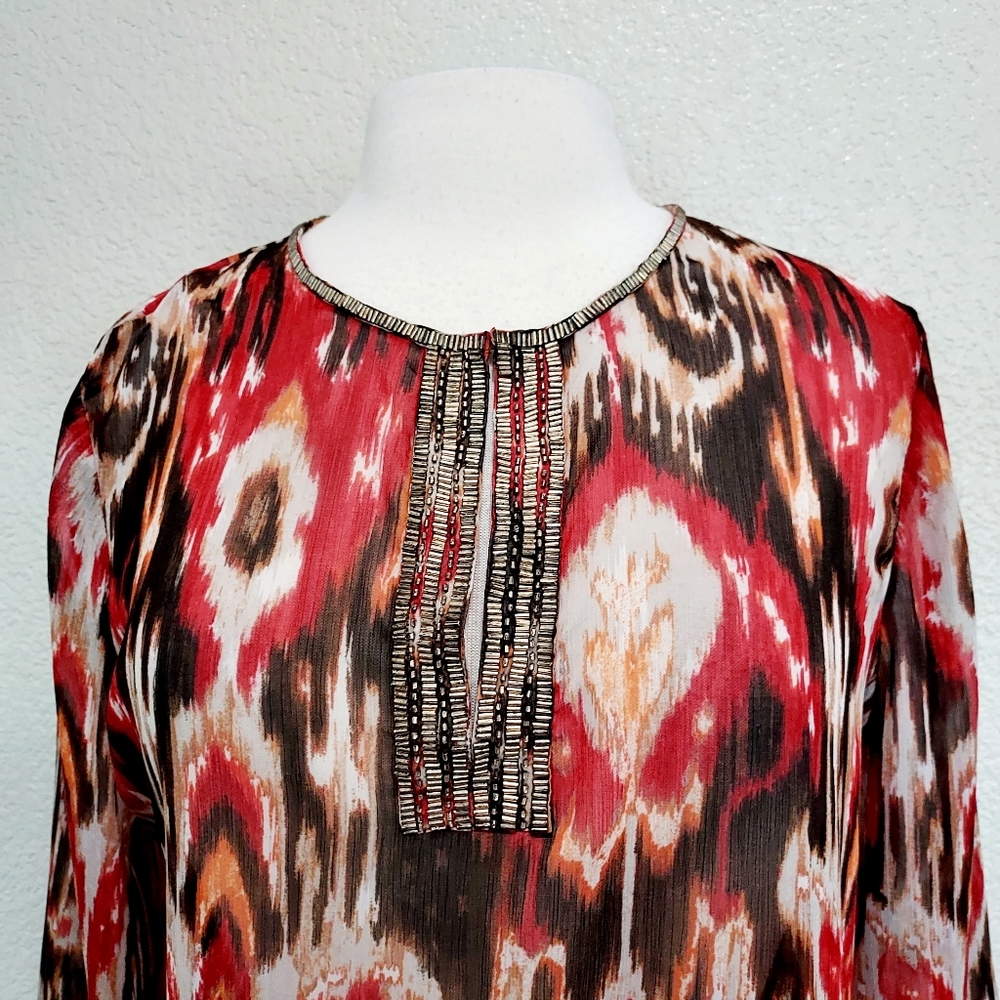 🔴3/$20 Chico's Red & Brown Sheer 3/4 Sleeves Blouse Size M - Picture 3 of 13